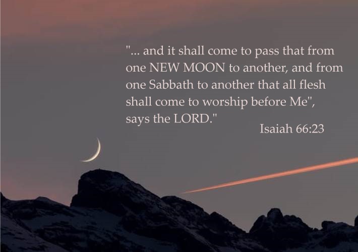 new moon barely above rocks with text.